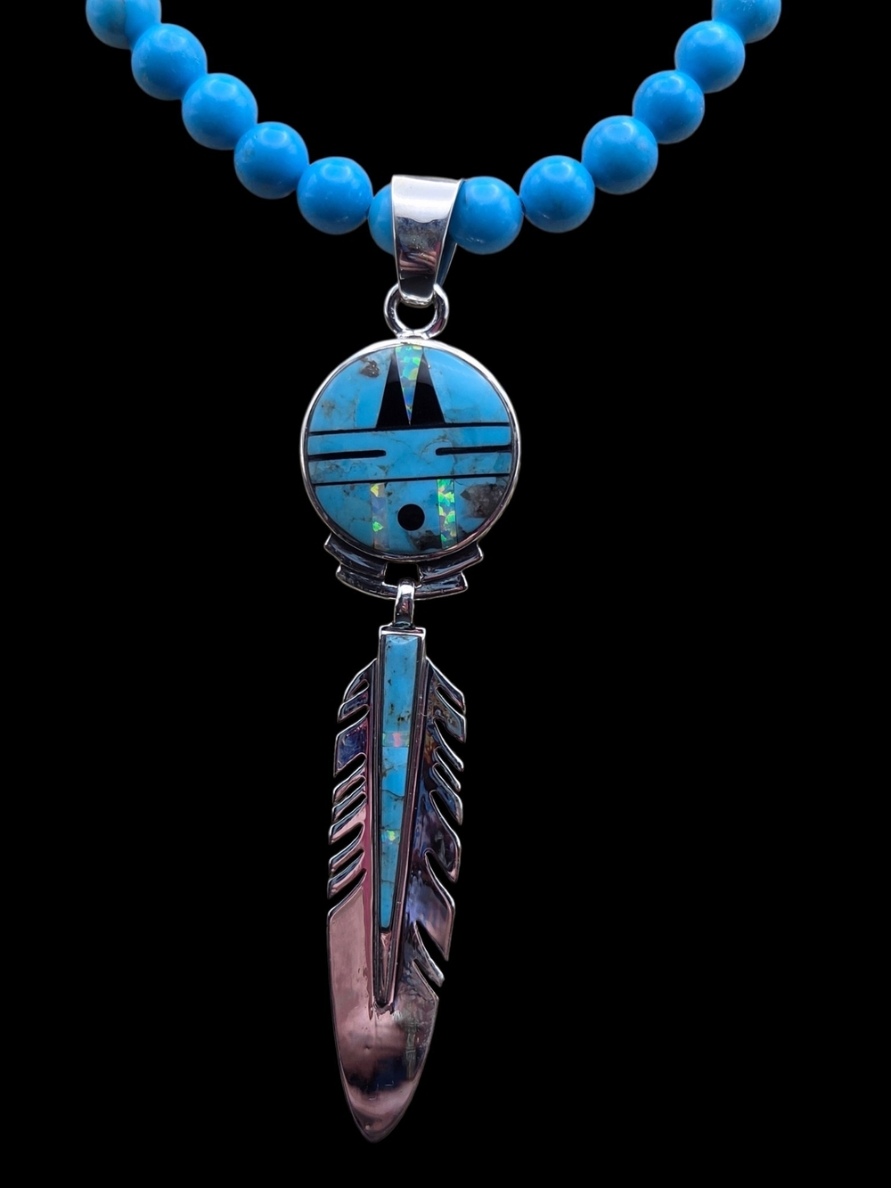 Turquoise Inlay Feather Pendant Necklace - Sterling Silver BH